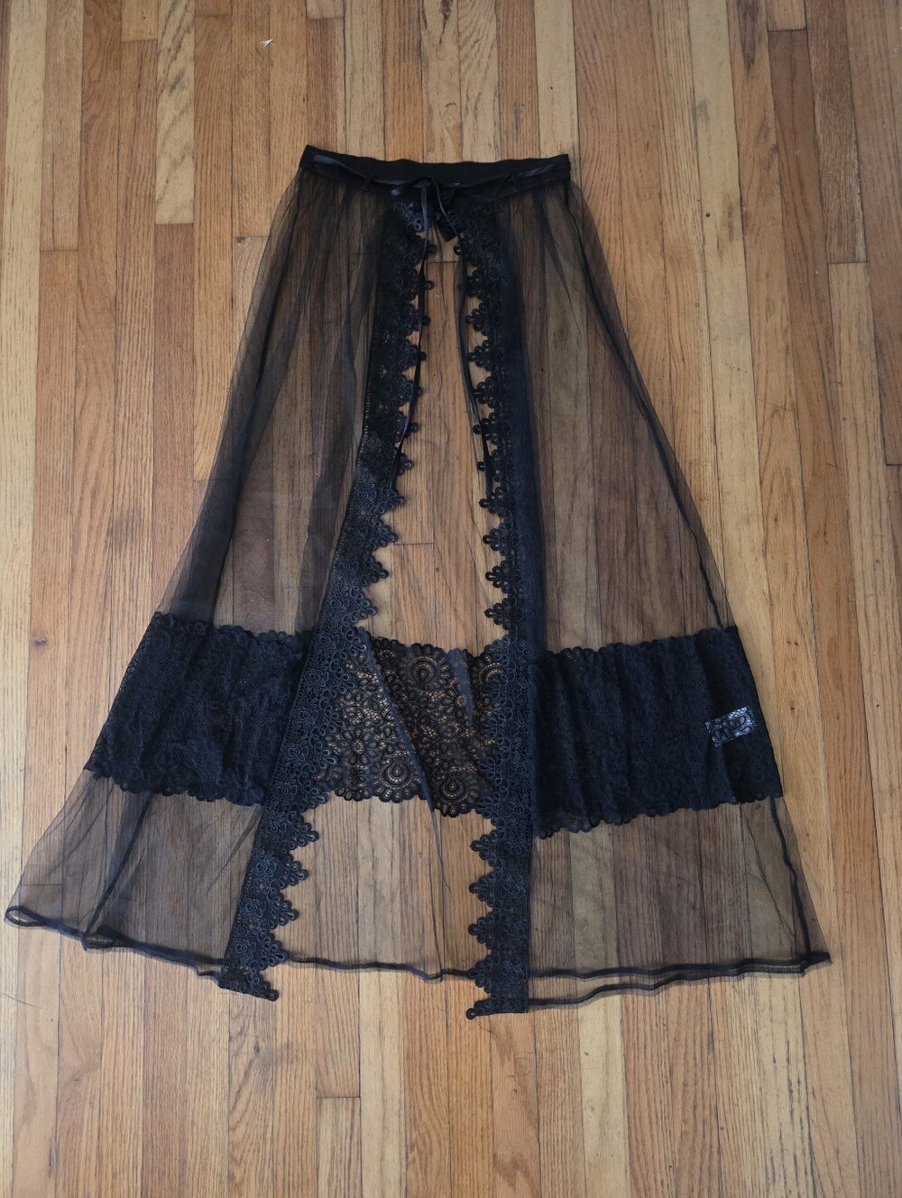 Rehab Black Sheer Mesh Lace Open Front Maxi Skirt M/L Gothic Boudoir Romantic